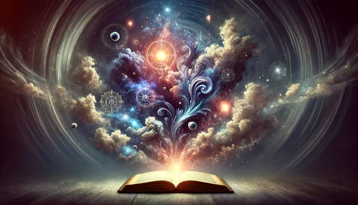 An open book is placed at the center, with swirling clouds, glowing orbs, and shadowy, abstract figures rising from its pages. The background is a deep, swirling void of dark and light tones, creating an ethereal, mysterious atmosphere. The scene evokes a dreamlike, otherworldly feeling, as if the book is a portal to untold stories and realms of imagination. No symbols, letters, or words are visible, emphasizing the pure, abstract nature of storytelling.