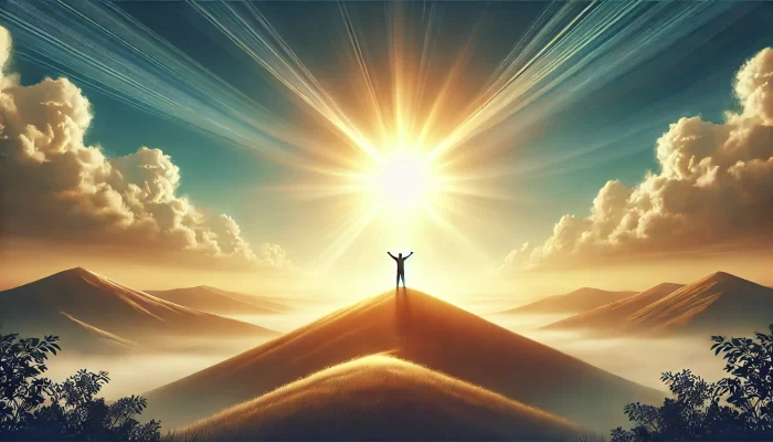 A figure stands triumphantly on a peak, arms open wide toward a brilliant, glowing light in the sky. The landscape below is peaceful, covered in gentle, golden-lit hills or clouds. The sky above is vast and bright, evoking feelings of inspiration, accomplishment, and limitless potential.