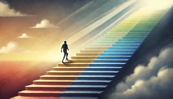 A more muted image of a person walking up a softly lit staircase, symbolizing overcoming procrastination. The colors are neutral and subdued, with gentle sunlight illuminating the steps. At the top of the stairs, a calm, light sky represents achievement. Behind the person, at the bottom, there is a darker scene with shadowy unfinished tasks and subtle clouds, representing procrastination being left behind. The transition from dark to light is present but less vivid, giving the scene a balanced and serene mood.