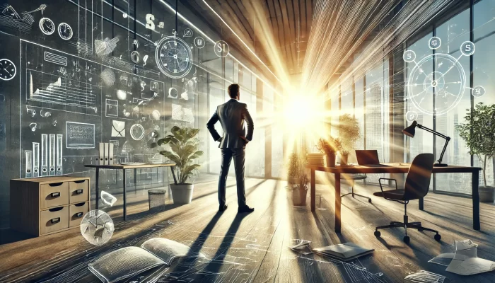 A bright and inspiring scene of a person standing confidently in a modern, well-organized workspace, symbolizing their success after overcoming procrastination. The desk is clean, with neatly arranged tasks and completed projects. Sunlight pours in through large windows, creating a feeling of warmth and accomplishment. In the background, faint hints of past struggles, like a distant dark corner or crumpled papers, are barely visible, symbolizing that procrastination has been left behind. The atmosphere is filled with positivity, motivation, and a sense of achievement.