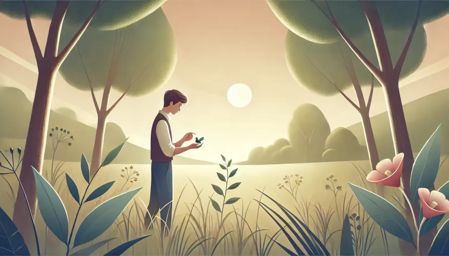 A wide image of a person standing in the middle of a grassy field, bending slightly forward to closely observe something small in their hands. The background features soft, simple details of nature, like distant trees and a warm sky, emphasizing the individual’s focused curiosity.