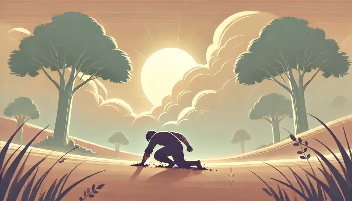 A minimalist illustration showing a person kneeling on the ground with one hand on the dirt, struggling to rise. The background features a peaceful, pastel-colored landscape with large, stylized trees and a glowing sun breaking through soft, fluffy clouds. The scene conveys resilience and determination in a serene, natural setting, with warm, muted colors and smooth lines.