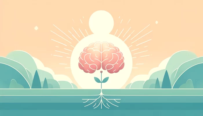 A minimalist illustration showing a brain growing from the ground, with roots extending downward and a plant sprouting from the top. The sun shines brightly behind the brain, with rays radiating outward, symbolizing enlightenment and progress. The background features soft hills and abstract clouds in muted pastel tones, creating a peaceful, inspiring scene that represents personal development and embracing challenges.