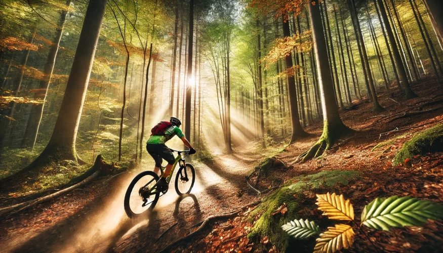 A person mountain biking through a dense forest trail during autumn. The rider is wearing a helmet and brightly colored cycling gear, navigating a winding path with fallen leaves and dirt kicked up from the bike's wheels. Tall trees with green, orange, and yellow foliage surround the trail, and sunlight filters through the canopy, creating a vibrant and dynamic scene. The image has a wide aspect ratio, emphasizing the expansive natural setting.