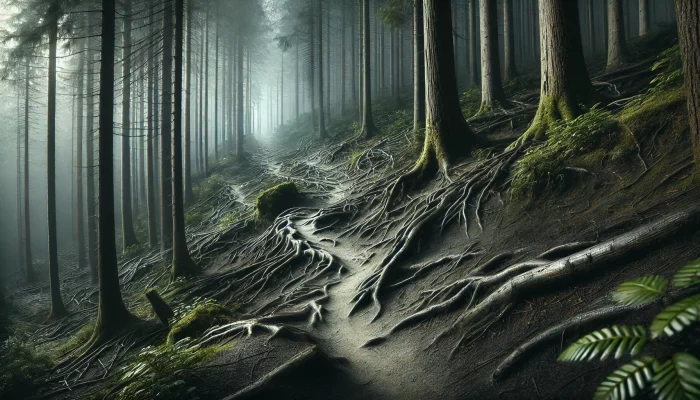 A rugged black diamond mountain bike trail weaving through a dense forest. The trail is narrow and features large, exposed roots and small, steep hills. Tall, ancient trees with thick trunks surround the trail, with a canopy filtering minimal sunlight, casting dramatic shadows. The ground is damp and covered with moss and fallen leaves, giving the scene an intense and daunting atmosphere.