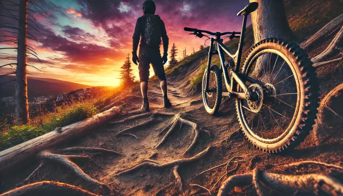 A lone mountain biker stands at the edge of a rugged trail at sunset, their dirt-streaked legs and torn gear reflecting the aftermath of a challenging ride. The steep, rocky descent behind them is filled with roots and obstacles, symbolizing past struggles, while the trail ahead glows with warm golden light under a vivid sunset sky of orange, purple, and pink hues. The biker stands upright, contemplative and resilient, with their bike leaning nearby. The scene captures the raw beauty of nature and the determination of the biker, evoking hope and perseverance.