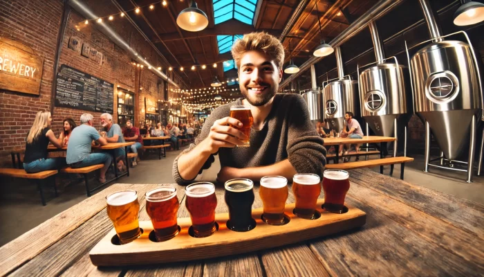 A man sitting at a rustic wooden table in a brewery, holding a glass of beer up to observe its color. In front of him is a flight of beers arranged on a wooden paddle. The background features a warm and lively brewery setting with exposed brick walls, string lights, and stainless steel brewing tanks. Other patrons can be seen socializing in the distance, creating a vibrant and friendly atmosphere.