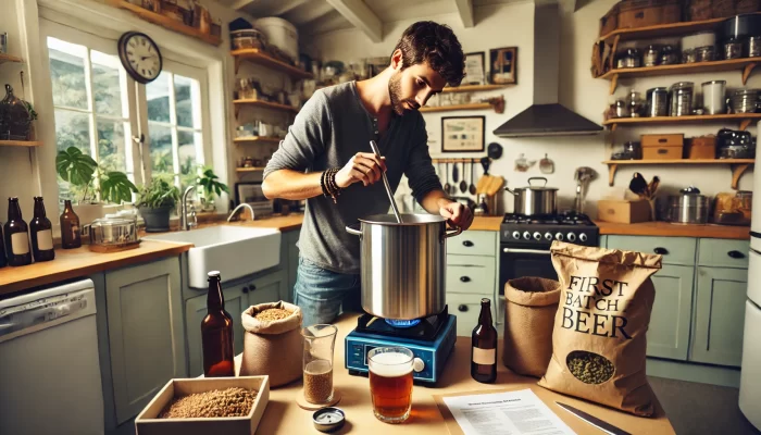 A man standing in a cozy home kitchen, carefully stirring a large stainless steel brewing pot on a portable burner. The counter is filled with bags of malt, hops, and brewing tools such as a thermometer and measuring cups. Natural light streams into the space, and recipe notes are visible on the counter, creating a focused yet relaxed atmosphere for home beer brewing.