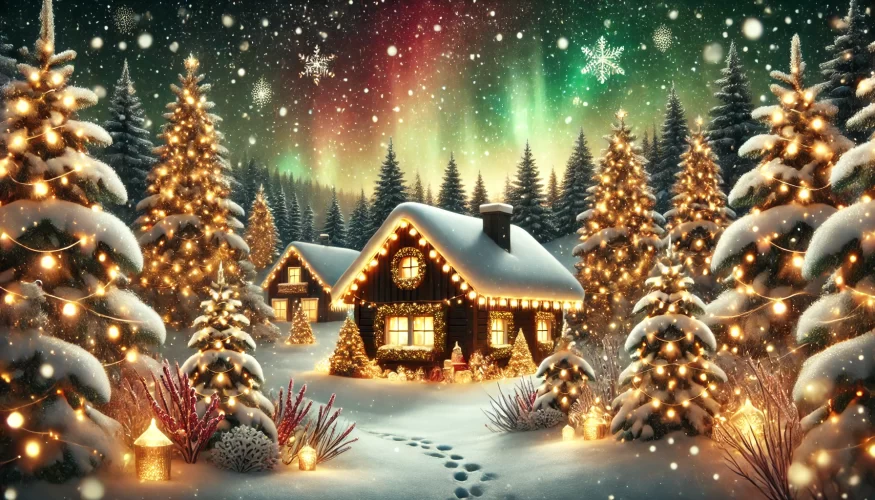 A peaceful winter scene with a log cabin nestled among snow-laden trees decorated with twinkling holiday lights. The sky displays a starry night effect with hints of aurora. The snow-covered ground reflects the warm glow of lights, and gentle snowfall enhances the magical and tranquil setting.